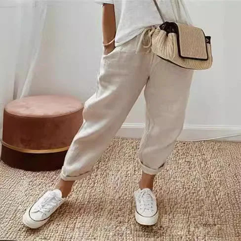Straight Pants Women Drawstring Lace Up Elastic Waist Pockets Slacks 2025 Female Casual Streetwear Basics Ankle Length Trousers