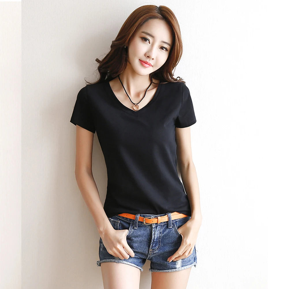 Fashion Women Spring Summer Cotton T-shirt Short Sleeve Female Tee Slim Solid Color T-Shirt Casual Breathable Tops