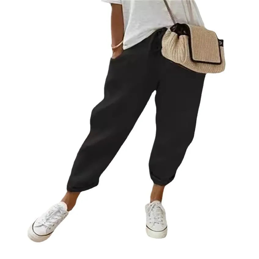 Straight Pants Women Drawstring Lace Up Elastic Waist Pockets Slacks 2025 Female Casual Streetwear Basics Ankle Length Trousers