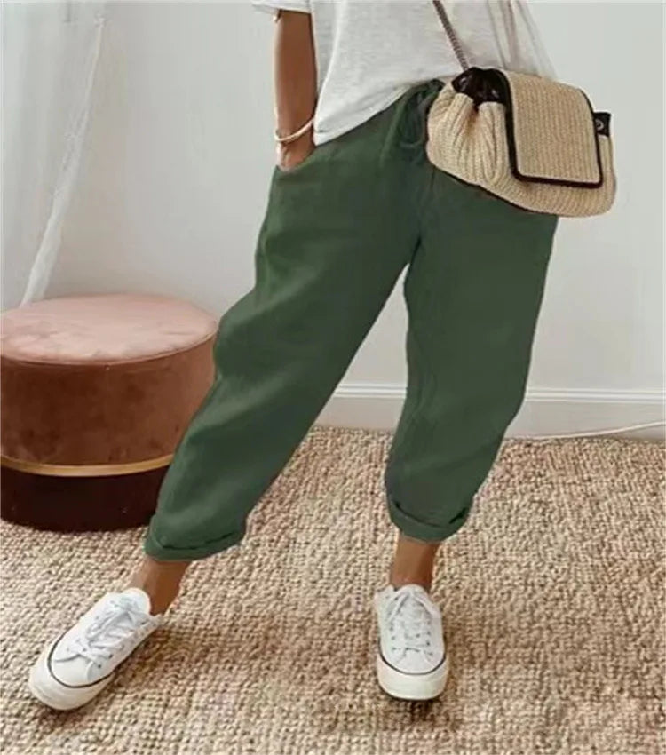 Straight Pants Women Drawstring Lace Up Elastic Waist Pockets Slacks 2025 Female Casual Streetwear Basics Ankle Length Trousers