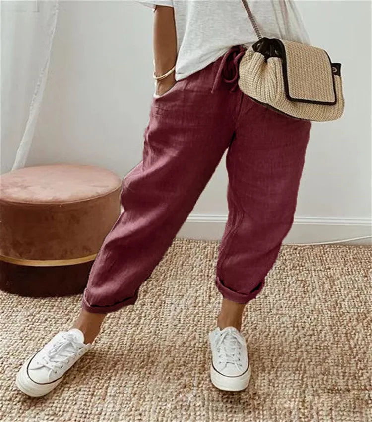 Straight Pants Women Drawstring Lace Up Elastic Waist Pockets Slacks 2025 Female Casual Streetwear Basics Ankle Length Trousers