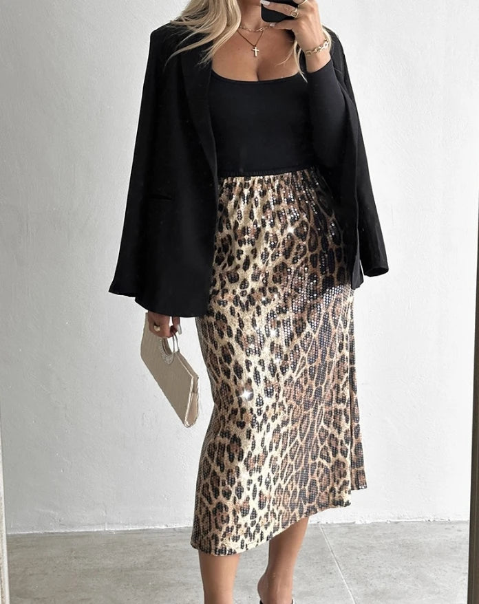 Women's Urban Commuting Style Dress 2024 Autumn Winter Latest Fashion Leopard Pattern Allover Sequin Skirt High Waisted Skirt