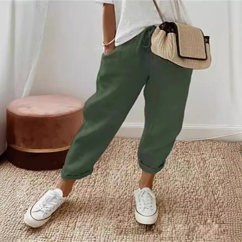 Straight Pants Women Drawstring Lace Up Elastic Waist Pockets Slacks 2025 Female Casual Streetwear Basics Ankle Length Trousers