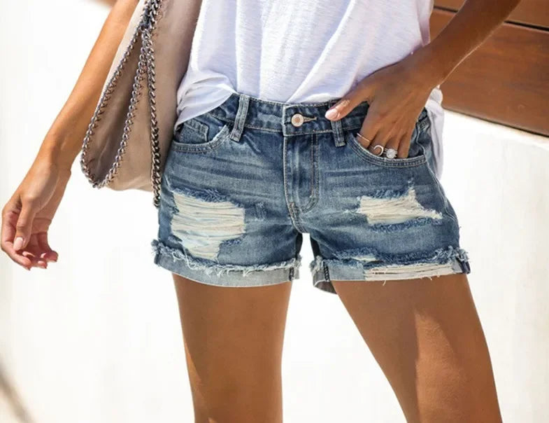 Jeans Women Shorts Washing Holes Denim Tassel Sexy Skinny Distressed High Waist Solid Pockets Spliced Streetwear Spliced 2025