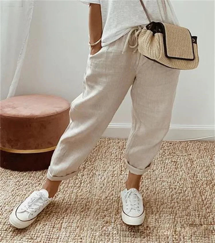 Straight Pants Women Drawstring Lace Up Elastic Waist Pockets Slacks 2025 Female Casual Streetwear Basics Ankle Length Trousers
