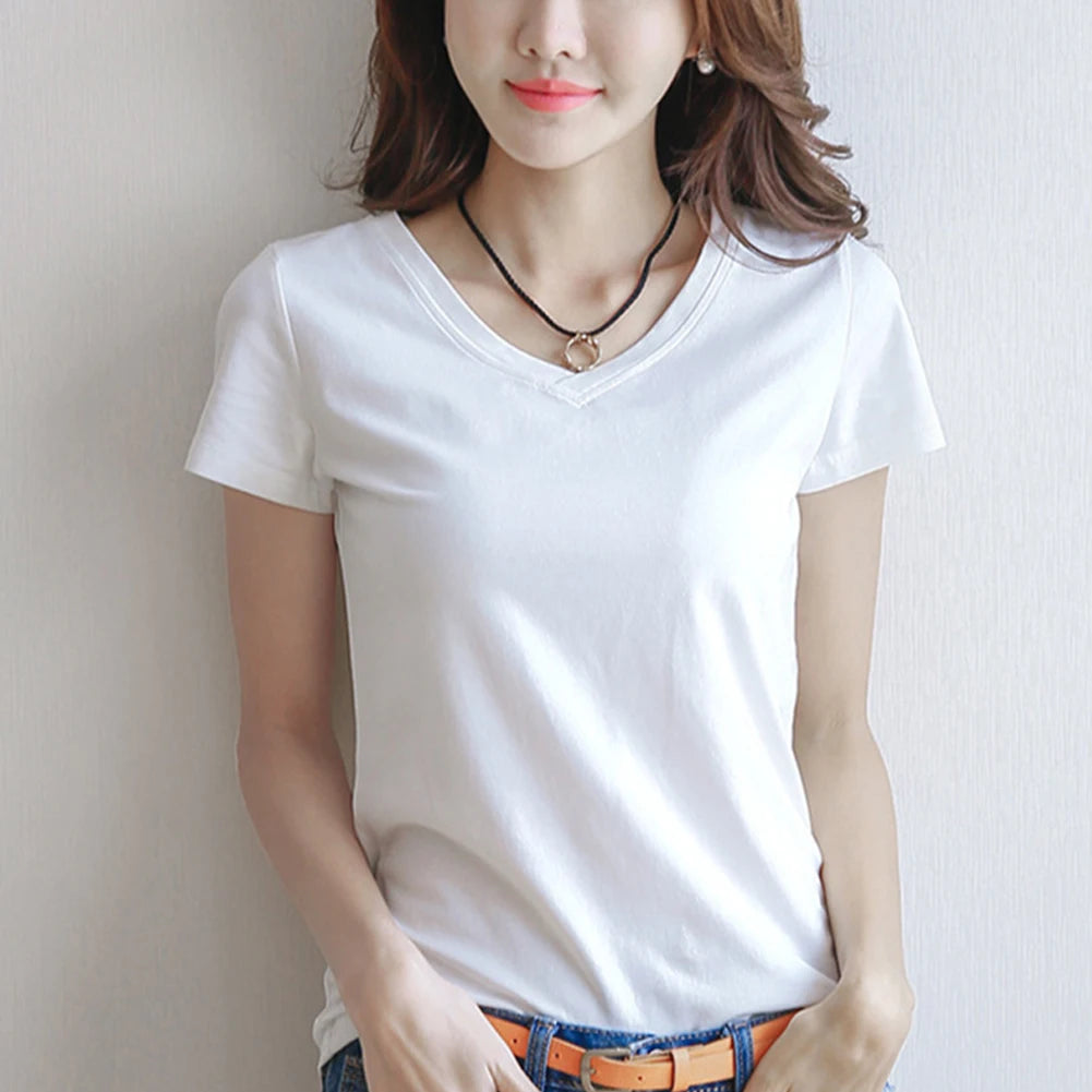 Fashion Women Spring Summer Cotton T-shirt Short Sleeve Female Tee Slim Solid Color T-Shirt Casual Breathable Tops