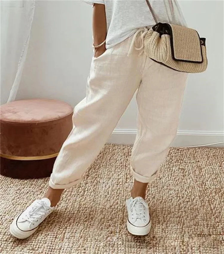 Straight Pants Women Drawstring Lace Up Elastic Waist Pockets Slacks 2025 Female Casual Streetwear Basics Ankle Length Trousers