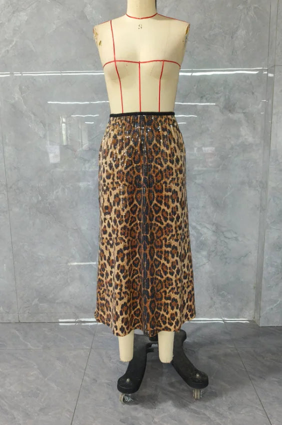 Women's Urban Commuting Style Dress 2024 Autumn Winter Latest Fashion Leopard Pattern Allover Sequin Skirt High Waisted Skirt