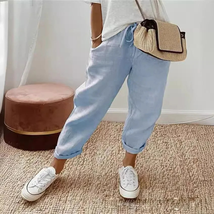 Straight Pants Women Drawstring Lace Up Elastic Waist Pockets Slacks 2025 Female Casual Streetwear Basics Ankle Length Trousers
