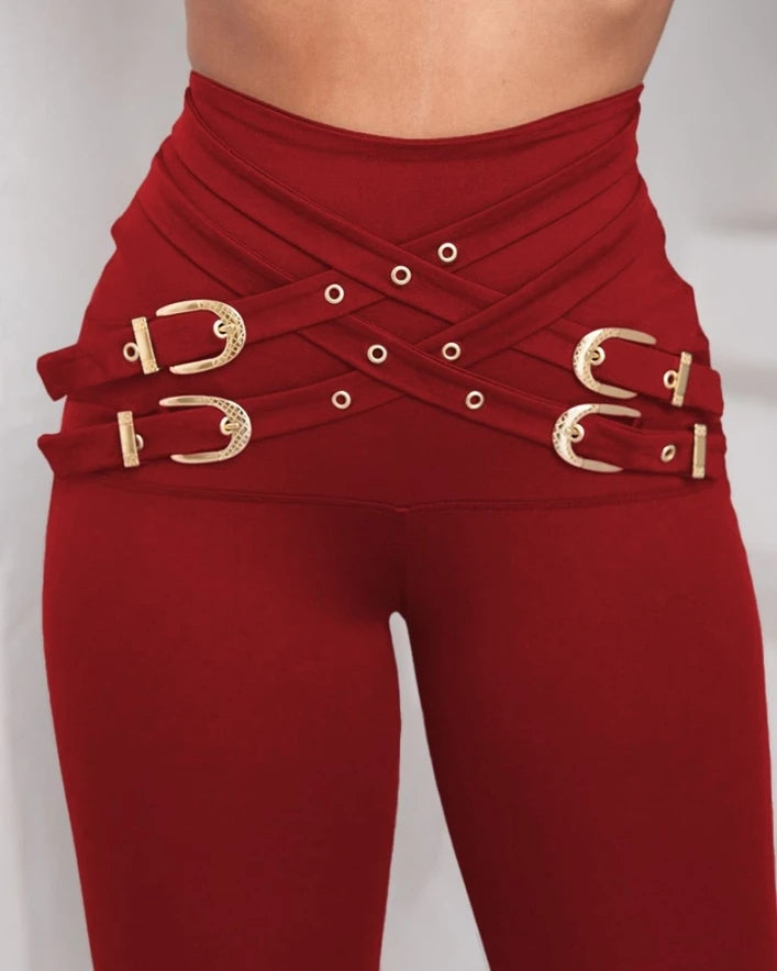 Women's Urban Trousers 2024 Autumn Winter Latest Criss Cross Buckled Decor High Waist Skinny Pants Solid Color Legging Pants