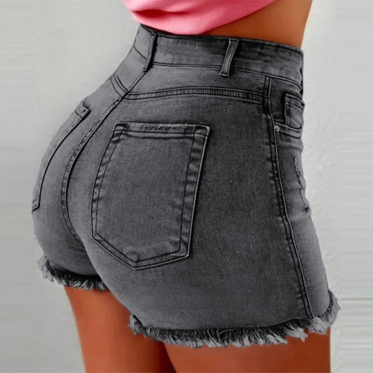 Sexy Denim Shorts Women Jeans Tassel Washed Distressed Skinny Mid Waist Pockets Streetwear Female 2025 Straight Short Pants