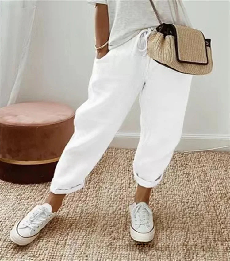 Straight Pants Women Drawstring Lace Up Elastic Waist Pockets Slacks 2025 Female Casual Streetwear Basics Ankle Length Trousers