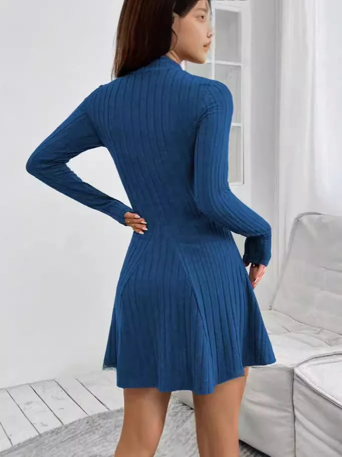 Knitted Dresses Women Basics Pleated Dress Half High Collar Full Sleeve Solid Short Vestidos Knitting A Line Office Lady 2025