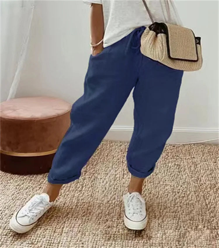 Straight Pants Women Drawstring Lace Up Elastic Waist Pockets Slacks 2025 Female Casual Streetwear Basics Ankle Length Trousers