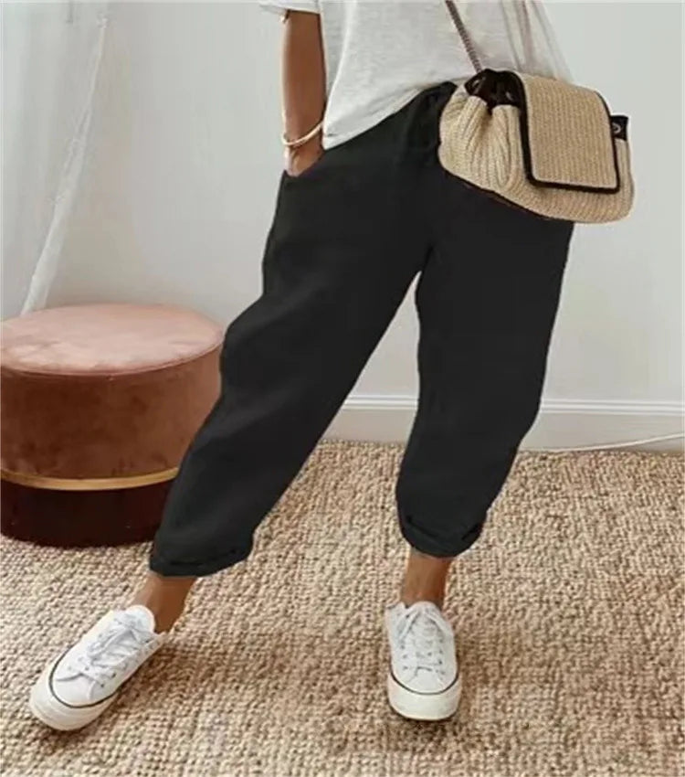 Straight Pants Women Drawstring Lace Up Elastic Waist Pockets Slacks 2025 Female Casual Streetwear Basics Ankle Length Trousers
