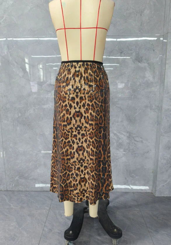 Women's Urban Commuting Style Dress 2024 Autumn Winter Latest Fashion Leopard Pattern Allover Sequin Skirt High Waisted Skirt