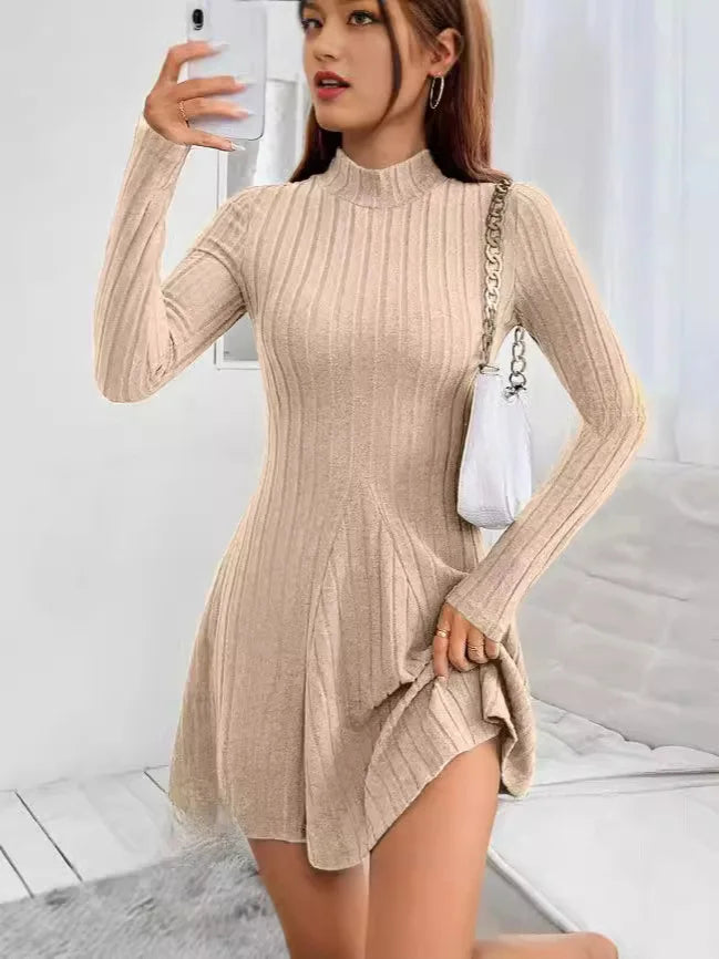 Knitted Dresses Women Basics Pleated Dress Half High Collar Full Sleeve Solid Short Vestidos Knitting A Line Office Lady 2025