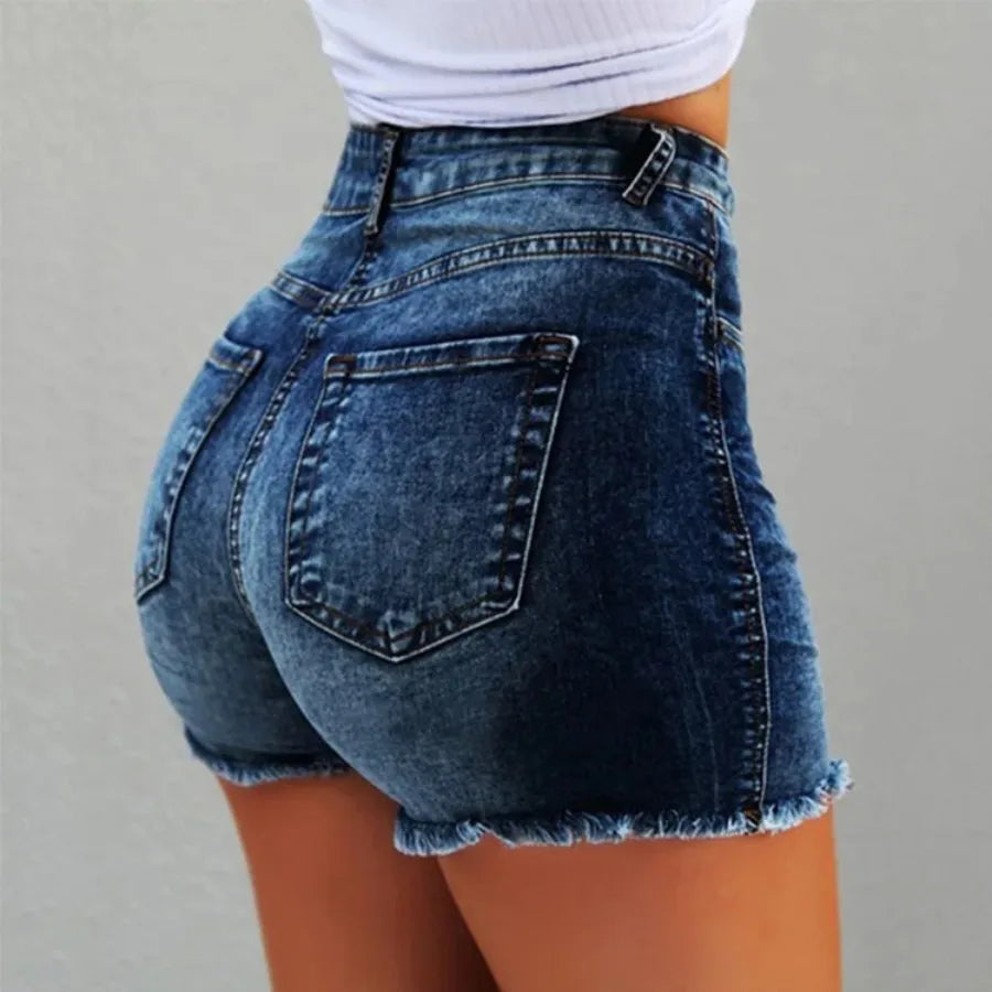 Sexy Denim Shorts Women Jeans Tassel Washed Distressed Skinny Mid Waist Pockets Streetwear Female 2025 Straight Short Pants