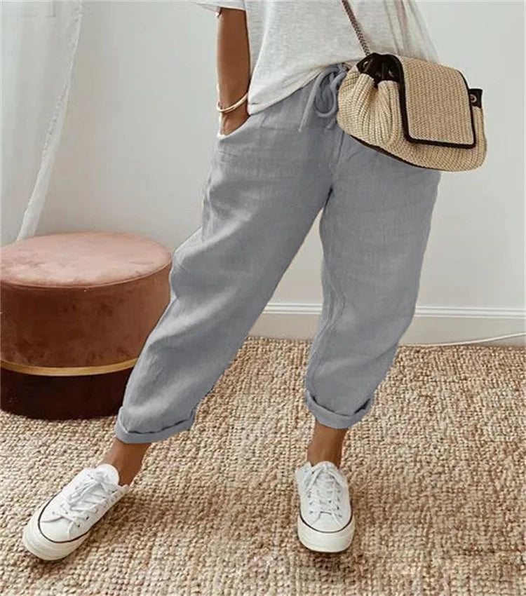 Straight Pants Women Drawstring Lace Up Elastic Waist Pockets Slacks 2025 Female Casual Streetwear Basics Ankle Length Trousers