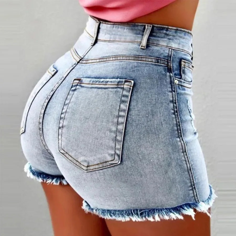 Sexy Denim Shorts Women Jeans Tassel Washed Distressed Skinny Mid Waist Pockets Streetwear Female 2025 Straight Short Pants