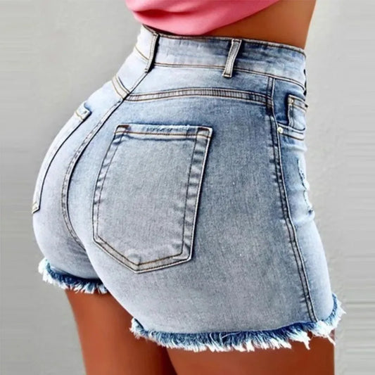 Sexy Denim Shorts Women Jeans Tassel Washed Distressed Skinny Mid Waist Pockets Streetwear Female 2025 Straight Short Pants