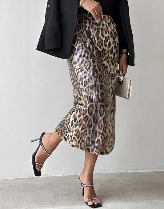 Women's Urban Commuting Style Dress 2024 Autumn Winter Latest Fashion Leopard Pattern Allover Sequin Skirt High Waisted Skirt