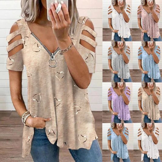 T Shirt for Women Print Top V Neck Short Sleeves Hollow Out Zipper Vintage Streetwear Spring Summer Office Lady 2025 Tees Tops