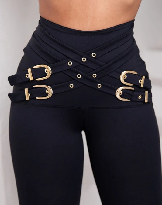 Women's Urban Trousers 2024 Autumn Winter Latest Criss Cross Buckled Decor High Waist Skinny Pants Solid Color Legging Pants